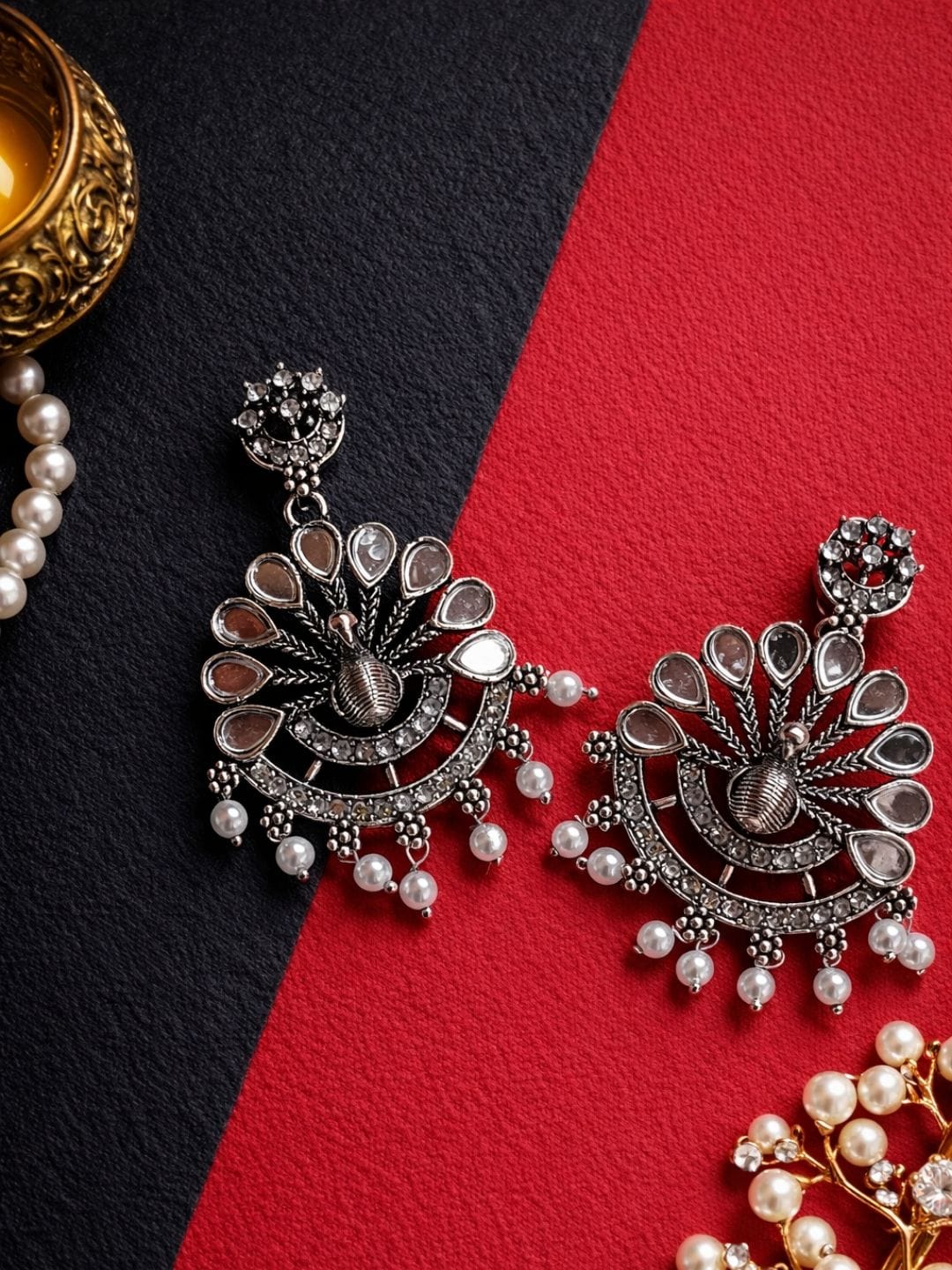 Peacock Pearl Drop Oxidised Earrings - Image 2