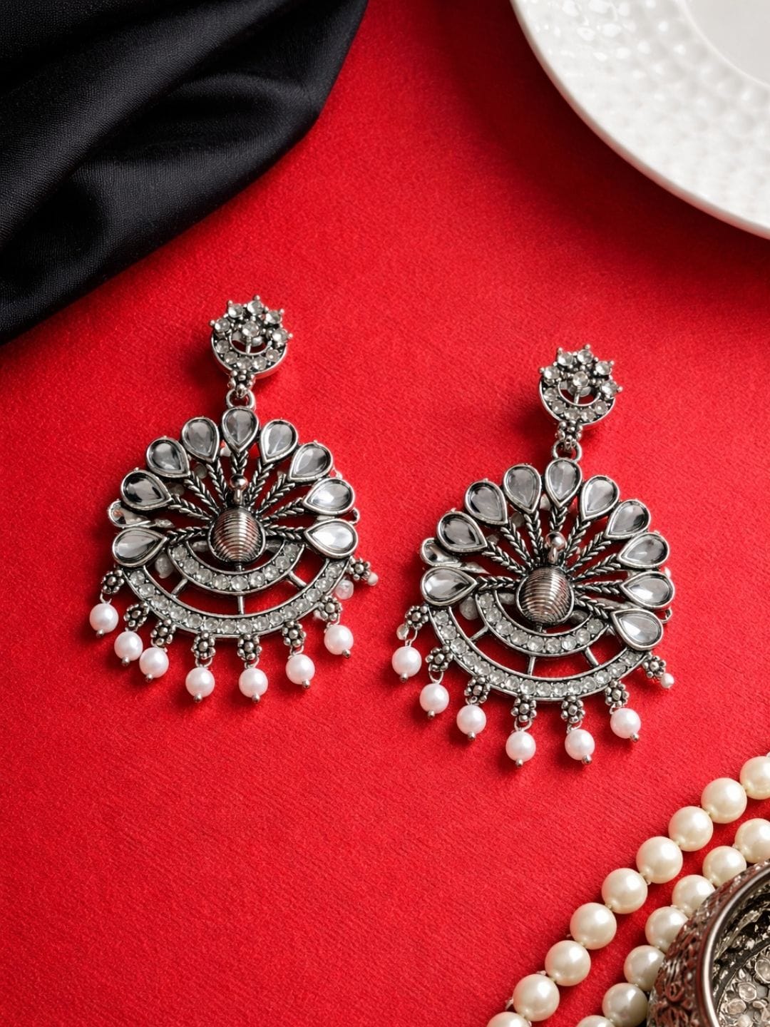 Peacock Pearl Drop Oxidised Earrings - Image 3