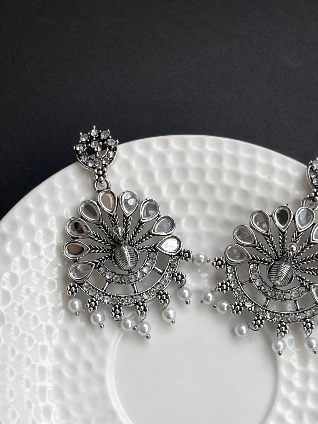 Peacock Pearl Drop Oxidised Earrings - Image 5