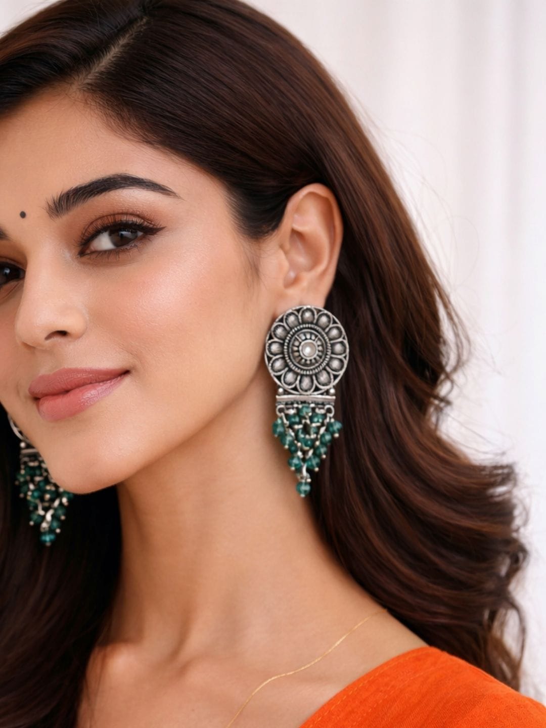 Silver Stud Earrings with Green Beads - Image 3