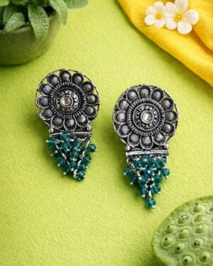 Silver Stud Earrings with Green Beads