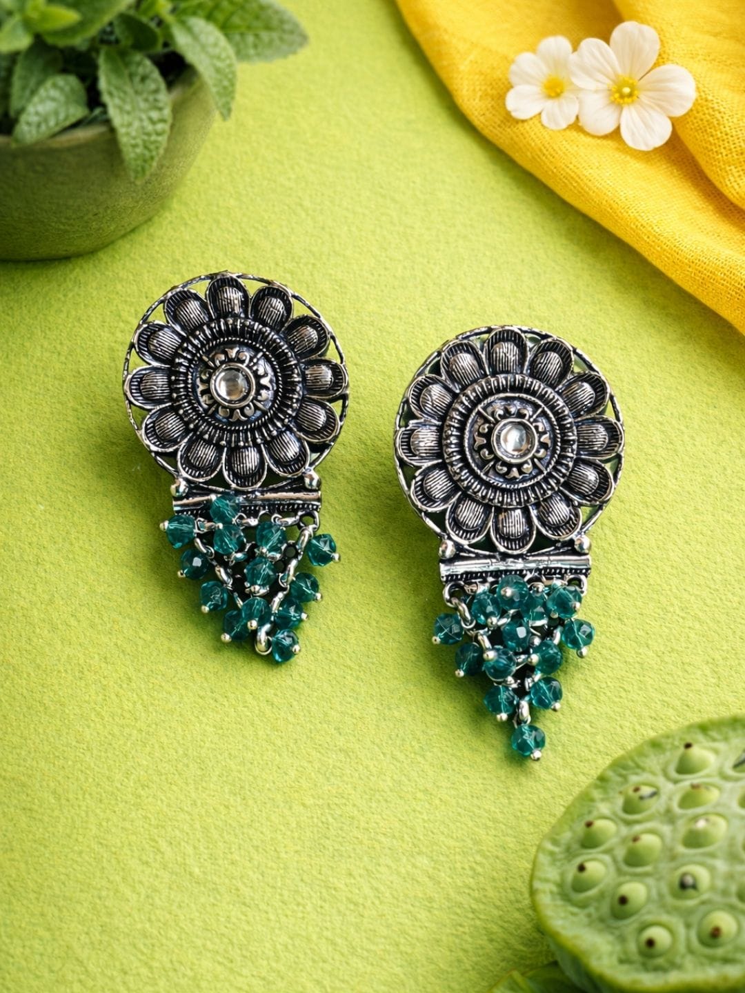 Silver Stud Earrings with Green Beads