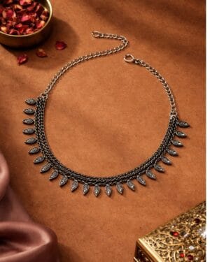 Oxidised alloy layered necklace with leaf charms, tribal style oxidised jewellery for women, adjustable chain statement necklace