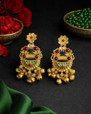 Royal temple ghungroo earrings with red and green stone detailing and antique gold finish