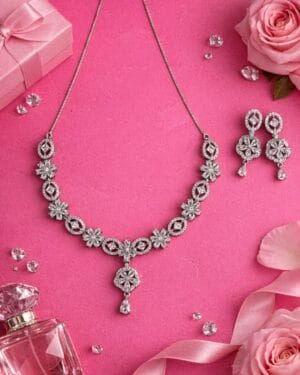 American diamond floral necklace and earrings set with crystal design, elegant AD jewellery for women party wear