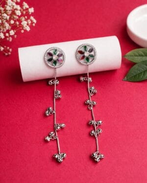 Floral two-way earrings with multicolour stones and detachable ghungroo chain drops