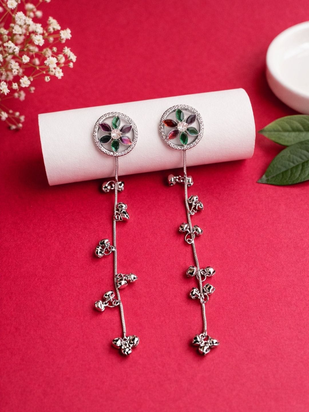 Floral two-way earrings with multicolour stones and detachable ghungroo chain drops