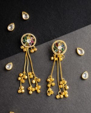 Golden brass two-way earrings with multicolor cubic zircon stones and detachable ghungroo lari, ethnic festive jewelry