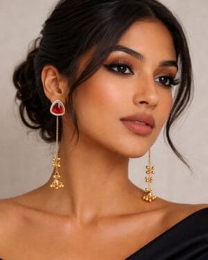 Golden two-way ghungroo earrings with red cubic zircon stud and detachable chain lari, luxury ethnic bridal jewelry