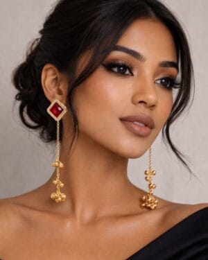 Golden two-way ghungroo earrings with ruby red cubic zircon square studs and detachable chain drop, luxury bridal jewelry