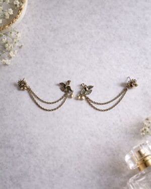 Antique finish bird motif ear cuffs with double chain detailing, vintage inspired ethnic jewelry