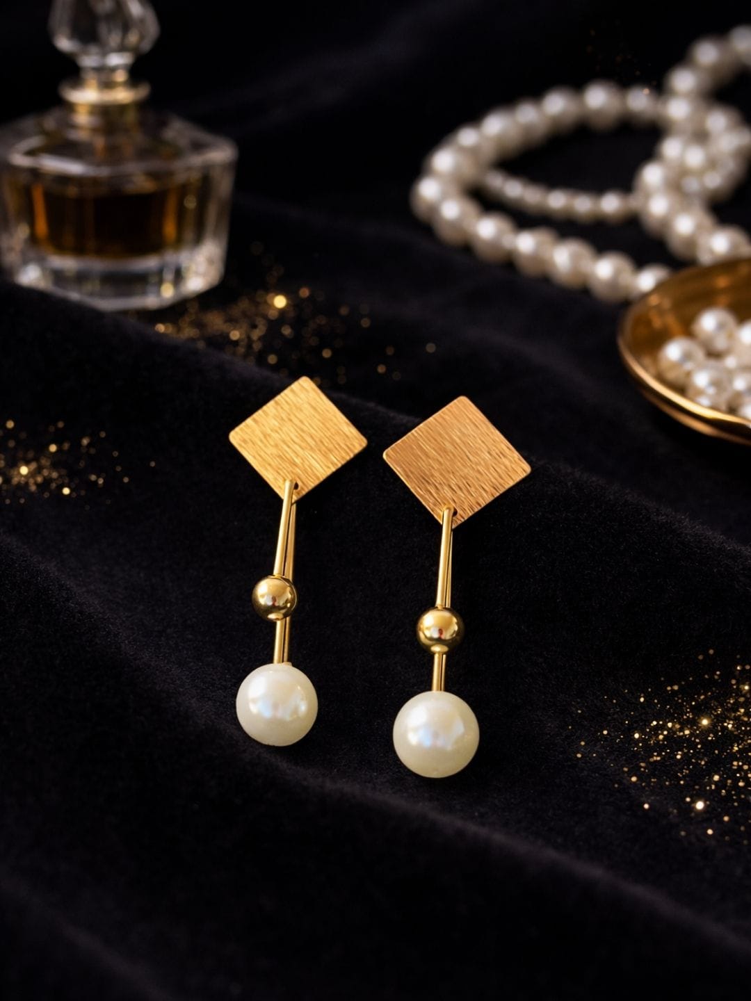 Gold tone geometric pearl drop earrings with square stud design, modern minimalist jewelry