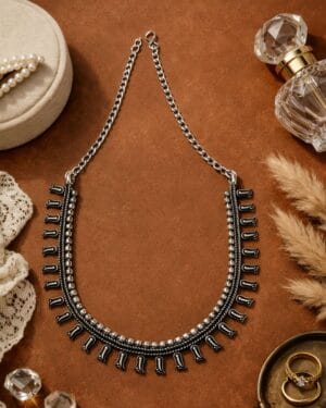 Oxidised brass layered paisley necklace with tribal design, ethnic oxidised statement necklace for women with adjustable chain