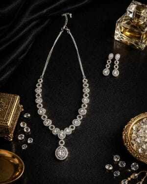 American diamond teardrop necklace and earrings set with adjustable chain, elegant AD jewellery for party and festive wear