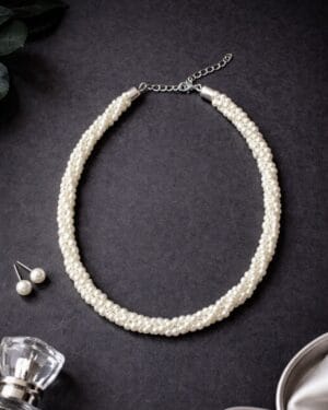 Classic ivory pearl necklace set with matching pearl stud earrings, elegant minimalist jewelry